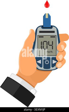 Hand hält Blutzuckermessgerät. Blutzuckerspiegel, Tests, Behandlung, Überwachung und Diagnose von Diabetes Konzept. Symbol im flachen Stil. Isolierte vecto Stock Vektor