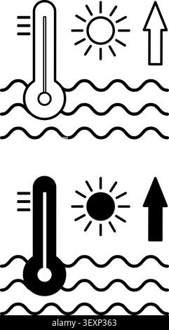 Symbole Zur Meereserwärmung. Schwarzweiß-Vektorsymbole. Sonne, Meereswellen und Thermometer. Globale Erwärmung. Umweltprobleme. Klimaschutzkonzept Stock Vektor