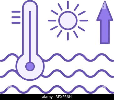 Farbsymbol Für Meereserwärmung. Vektorsymbol. Sonne, Meereswellen und Thermometer. Globale Erwärmung. Umweltprobleme. Klimaschutzkonzept Stock Vektor