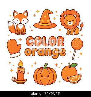 Niedliche Cartoon Orange Farbe Objekte Tiere Illustration - Fuchs Löwe Kürbis Hexenhut Orange Frucht Stock Vektor