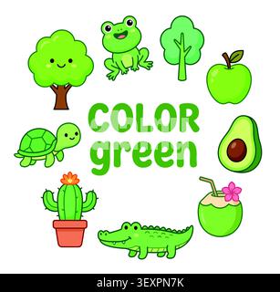 Niedliche Karikatur Grün Farbe Objekte Tiere Illustration - Frosch Schildkröte Krokodil Kakteen Avocado Baum Stock Vektor
