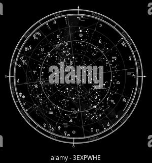 Astrologische Himmelskarte der nördlichen Hemisphäre. Das Allgemeine Globale Universelle Horoskop am 1. Januar 2021 (00:00 GMT). Detailkarte mit symb Stockfoto