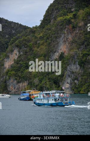 Phi Phi Inseln, Thailand – 18. Mai 2026: Boote vor Anker in der Bucht, umgeben von hohen Kalksteinklippen und tropischer Küste auf den Phi Phi Inseln Stockfoto