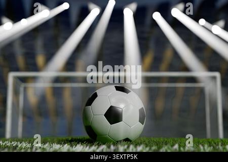 Ein dramatisches 3D-Rendering eines klassischen Schwarz-weiß-Fußballs auf einem grünen Rasenfeld, das vor einem weißen Tornetz unter starken Lichtstrahlen positioniert wird Stockfoto