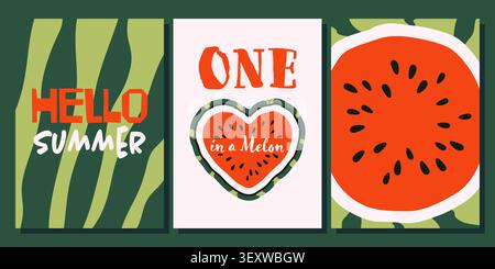 Poster-Vorlagen für Einladungen zur Sommerparty mit Wassermelonen in modernem, handgezeichnetem, flachem, minimalistischem Stil Stock Vektor