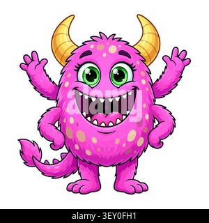 Rosa Monster mit goldenen Hörnern Zeichentrickfigur – Happy Monster Charakter Stock Vektor