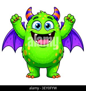 Grünes Monster mit lila Flügeln und Hörnern Zeichentrickfigur Stock Vektor