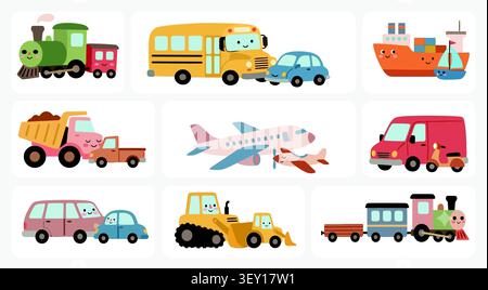Sammlung von niedlichen Cartoon-Fahrzeugen einschließlich Zügen, Bussen, Autos, Schiffen, LKWs, Flugzeuge, Transporter und Baufahrzeuge für Kinder. Stock Vektor