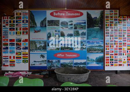 Phi Phi Inseln, Thailand – 18. Mai 2026: Informationsdisplay zum Vergleich der Phi Phi Inseln vor und nach dem Tsunami im Indischen Ozean 2004 Stockfoto