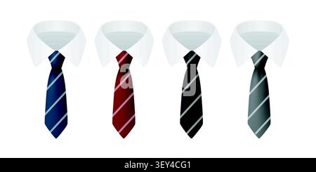 Vektor Krawatte Set mit weißen Kragen Hemden, isoliert. Klassische Herren-Businesskrawattensymbole In Blau, Rot Schwarz Und Grau. Formelles Büro Kleiderordnung Accessoires für Stock Vektor