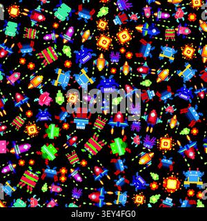 Multicolor 8-Bit-Pixel-Kunstvektor-Illustration von Arcade-Raumschiffen und Außerirdischen auf schwarzem Hintergrund. Stock Vektor