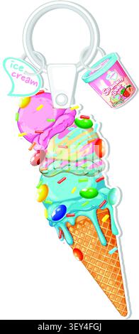 Lebendige Vektor-Illustration eines Schlüsselanhängers für Eiscreme mit mehreren Schaufeln mit Streuseln und kleinen Charms Stock Vektor