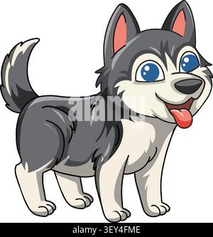 Ein verspielter Zeichentrickfilm Sibirischer Husky-Welpe steht auf weißem Hintergrund mit einem fröhlichen Ausdruck Stock Vektor
