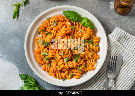 Hausgemachte italienische Fusilli-Pasta mit Tomatensauce und Basilikum Stockfoto