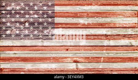 US-Flagge mit der Textur rauer Holzdielen. US-Flagge auf alten, rauen Brettern. Stockfoto
