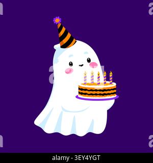 Lustiger Halloween-Kawaii-Geist mit Geburtstagskuchen Stock Vektor