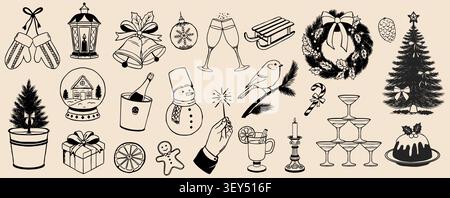 Skurrile handgezeichnete Weihnachtskollektion mit Weihnachtsbaum, Kranz, Schneemann, Champagner. Vintage-Doodle-Elemente für festliche Karten und Partyeinladungen Stock Vektor