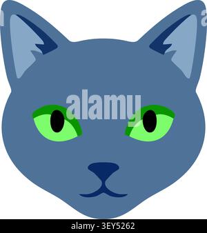 Flache Illustration eines grauen Katzengesichts mit spitzen Ohren, grünen Augen und einem ruhigen freundlichen Ausdruck Stock Vektor