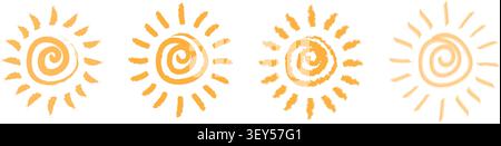 Handgezeichnetes, strukturiertes Spiralsonnensymbol-Set für Sommerdesign Stock Vektor