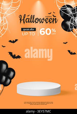 Halloween-Verkaufsposter mit orangem Hintergrund, Fledermäuse, Spinnennetze, schwarze Ballons, gruselige Typografie, und Produktpodium Stock Vektor