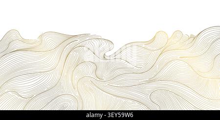 Luxuriöses japanisches Wellenmuster mit eleganter goldener Linienkunst, fließende Meereskurven, abstrakter Wasserhintergrund. Naturtapete, Verpackung, Weinetiketten Stock Vektor
