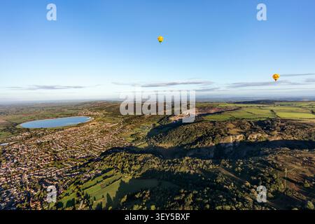 Blick auf Mendips im Heißluftballon; Somerset; Großbritannien Stockfoto