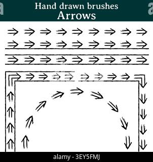 Drei Illustrator-Pinsel, die aus Tintenstrichen erstellt wurden, um Ihrer Vektorarbeit einen „handgefertigten“ Touch zu verleihen. Es handelt sich um Bürsten mit Pfeilen, die von o begleitet werden Stock Vektor