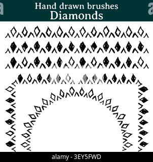 Drei Illustrator-Pinsel, die aus Tintenstrichen erstellt wurden, um Ihrer Vektorarbeit einen „handgefertigten“ Touch zu verleihen. Es sind Pinsel mit schwarzen und weißen Diamanten Stock Vektor