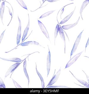 Aquarellblauer Bambus hinterlässt ein nahtloses Muster, das Flora-Papier wiederholt Stockfoto