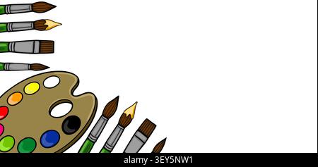 Künstler Werkzeuge Vektorbanner mit Pinseln und bunten Palette auf weißem Hintergrund Stock Vektor