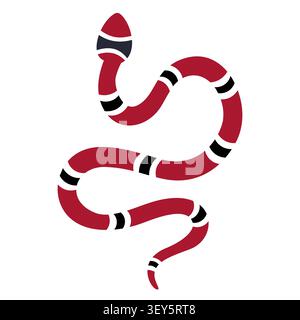 Rote, elegante, geschwungene Schlange mit Streifenmuster. Flache Vektor-Illustration für Naturdesigns, exotische Tierkunst, Modeschmustern und mystisch. Stock Vektor