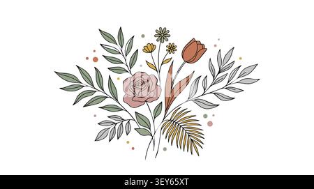 Minimalistische Boho botanische Blumenstrauß Illustration in Erdfarben für Hochzeitseinladungskarte und Wandkunst, moderne Linienkunst Blumenanordnung Stock Vektor