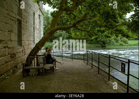 06-07-2019 Warwick, England - Ein Paar sitzt auf einer Holzbank unter einem Baum am Fluss. Stockfoto