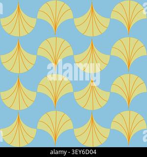 Elegantes Art-Deco-Fan-geometrisches nahtloses Muster mit Creme- und Orange-Motiven auf hellblauem Hintergrund. Stockfoto