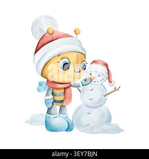 Eine Illustration mit Weihnachtsmotiven, die eine Biene zeigt, die einen Weihnachtsmütze und warme Kleidung trägt und einen Schneemann baut. Der Schneemann des Neujahrs lächelt und Stockfoto