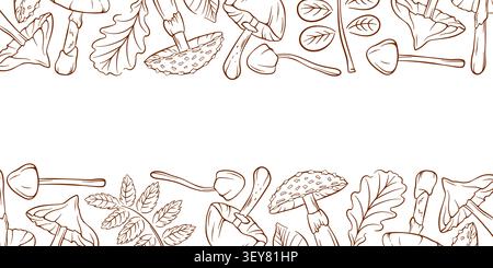 Handgezeichneter Vintage-Pilz und Blattlinie Kunstrand. Botanische Flora Rahmen Naturkonzept Illustration für Design, Banner. Stock Vektor