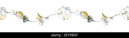 Elegantes Aquarell nahtlose horizontale Grenze mit zarten weißen Schneebeeren auf gewundenen Ästen mit blassgelben und blau-grünen Blättern. Hand Stockfoto