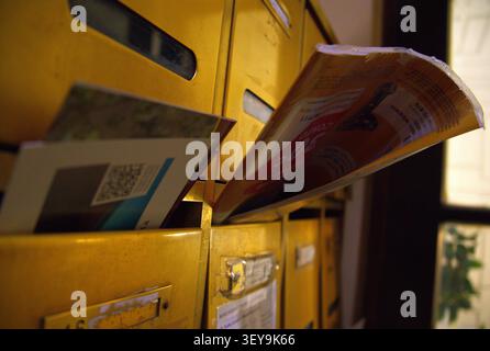 Nahaufnahme von gelben Briefkästen mit Briefen und Zeitschriften, die in einem Flur herausschauen. Stockfoto
