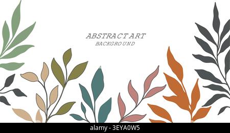Minimalistischer botanischer Blattrand Hintergrund mit abstraktem Hand gezeichnetem Boho-Laub in Erdfarben, elegante Vektor-Illustration-Vorlage für Karte Stock Vektor