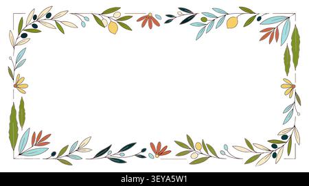 Mediterrane botanische Rahmenvektorillustration mit Olivenzweigen, Zitronen und Wildblumen auf weißem Hintergrund. Stock Vektor