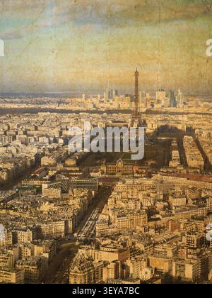 Postkarte der Stadt Paris von oben gesehen, verziert, um alt zu wirken. Postkarte der Stadt Paris von oben gesehen, alter Stil Stockfoto