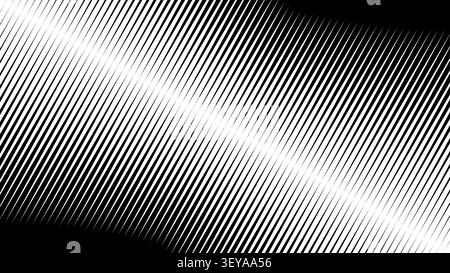 Diagonales Linienmuster mit Halbtonverlaufsübergang. Schräge Streifen bilden einen geometrischen Hintergrund mit optischem Überblendungseffekt und erzeugen dynamische Schwarzweißfarbvariationen. Stock Vektor