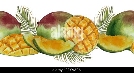 Nahtloser Rand mit Mangohälften, Scheiben, Würfeln und Palmblättern in realistischem Stil. Illustration für Verpackung, Menüdesign, Saft, glatt Stockfoto