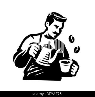 Barista gießt Kaffee in Tasse Maskottchen schwarz-weiß Illustration Stock Vektor