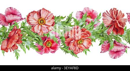 Nahtloser Rand mit roten und rosa Mohnblumen und grünem Laub. Botanische Illustration mit Aquarell im realistischen Stil. Für Stoffe, Tapeten, Verpackungen, Schreibwaren, Hochzeiten und saisonale Designs. Stockfoto