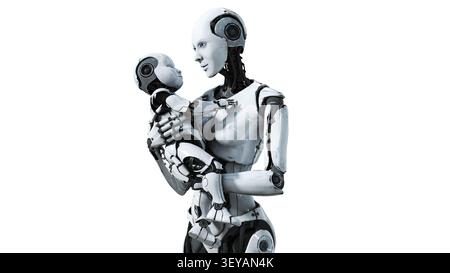 Eine Roboterfrau, die ein Roboterkind in einer futuristischen Szene hält, die fortschrittliche Technologie mit einem zarten Stockfoto