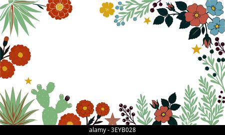 Boho botanische Rahmenvektor-Illustration mit Terrakotta-Blüten und Kakteen auf weißem Hintergrund. Rustikale mexikanische Vorlage mit Blumenmuster. Stock Vektor