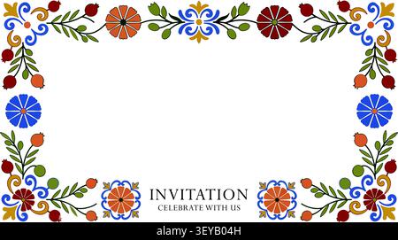 Bunte Volkskunst Blumenrandvektor Illustration mit Granatäpfeln und Gänseblümchen für mexikanische oder mediterrane Stil Einladungen. Stock Vektor