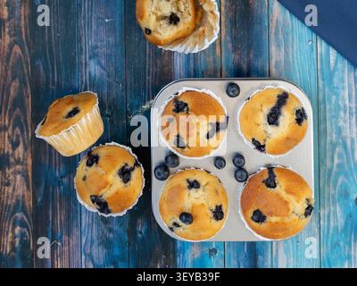 Die Deckenzusammensetzung hausgemachter Heidelbeermuffins und frischer Heidelbeeren Stockfoto