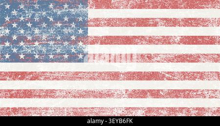 Eine sanft verwitterte Darstellung der amerikanischen Flagge in sanften, gedämpften Blau- und staubigen Rosatönen, bedeckt mit einer gleichmäßigen feinen feinen Körnung und sandigen Partikelstruktur, die der gesamten Oberfläche ein zartes, sonnengebleichtes Aussehen verleiht, wie auf altem Stoff oder abgenutztem Papier gedruckt. Im Gegensatz zu stark gerissenen oder zerkratzten Distress Styles zeichnet sich dieses Design durch eine raffinierte und dezente Vintage-Qualität aus, wodurch es für eine größere Auswahl an eleganten und klassischen Anwendungen geeignet ist. Perfekt für Promotionen zum Unabhängigkeitstag und 4. Juli, Memorial Day und Veterans Day, patriotische Wohnkultur und Wandkunst, Stock Vektor